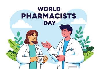 Flat illustration of a pharmacist giving medicine to a patient with a prescription, celebrating World Pharmacists Day and highlighting healthcare, trust, and the importance of pharmacy services