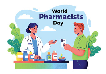 Flat illustration of a pharmacist giving medicine to a patient with a prescription, celebrating World Pharmacists Day and highlighting healthcare, trust, and the importance of pharmacy services