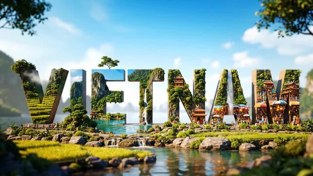 Vietnam Landscape Text 3D - A stunning 3D video of the word "VIETNAM" with each letter composed of beautiful Vietnamese landscapes, landmarks, and people.