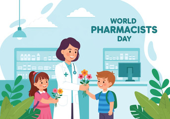 Flat illustration of children giving flowers to a smiling pharmacist at a pharmacy counter, celebrating World Pharmacists Day and showing appreciation for healthcare professionals and medical service
