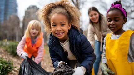 Fototapeta premium Children playing in snowy park.