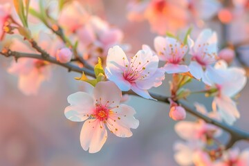 Obraz premium Pink peach tree flowers blooming on a branch in spring with soft sunset light