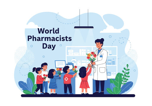 Flat illustration of children giving flowers to a smiling pharmacist at a pharmacy counter, celebrating World Pharmacists Day and showing appreciation for healthcare professionals and medical service - Powered by Adobe