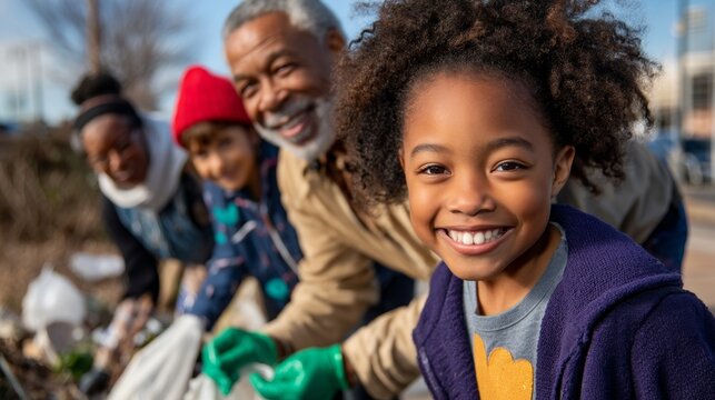 A family of four enjoying a day of gardening together.