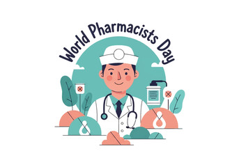 Logo of a smiling pharmacist in a white coat with stethoscope, celebrating World Pharmacists Day and recognizing healthcare, medicine, and the importance of pharmacy professionals