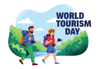 Flat illustration of tourists hiking with backpacks and cameras in the mountains, celebrating World Tourism Day with themes of outdoor adventure, exploration, and eco travel
