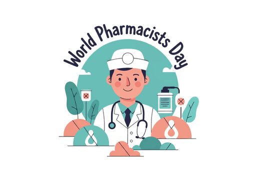 Logo of a smiling pharmacist in a white coat with stethoscope, celebrating World Pharmacists Day and recognizing healthcare, medicine, and the importance of pharmacy professionals - Powered by Adobe