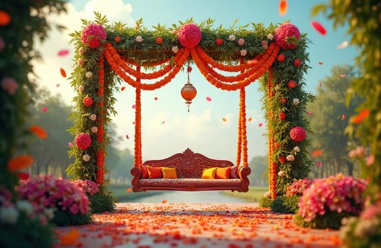 Ornate carved wooden swing decorated with vibrant marigold garlands, pink flowers, rich green foliage in outdoor garden. Petals fall on ground creating beautiful carpet. Traditional festive decor for