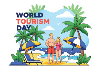 Flat illustration of a couple enjoying a tropical beach with palm trees and umbrellas, celebrating World Tourism Day with themes of summer vacation, leisure, and seaside travel