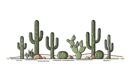 Illustration of a desert landscape with various types of cacti and small rocks on a white background ai generated