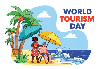 Flat illustration of a couple enjoying a tropical beach with palm trees and umbrellas, celebrating World Tourism Day with themes of summer vacation, leisure, and seaside travel