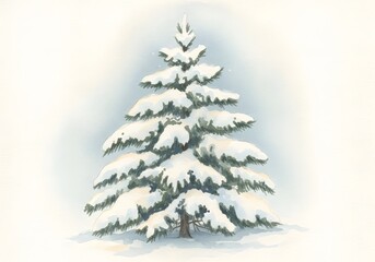Fototapeta premium Watercolor painting of a snowcovered fir tree in a winter landscape