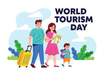 Flat illustration of a family traveling with luggage and a map in front of a bus, celebrating World Tourism Day with themes of journey, vacation, and international adventure