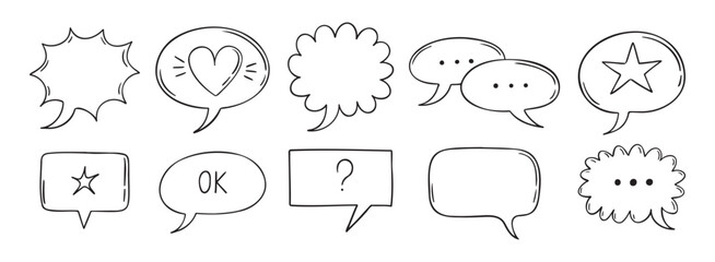 Outline comic speech bubbles set. Dialogue, doodle chat communication, discussion element. Message frame symbol drawing