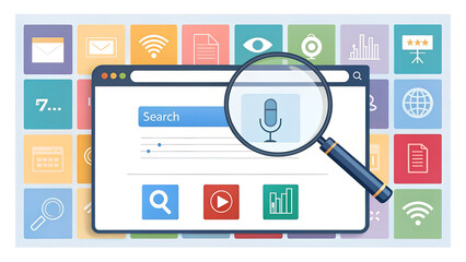 illustration of an ai-powered search engine with a magnifying glass and app icons, representing modern technology for online search, data analysis, and digital marketing