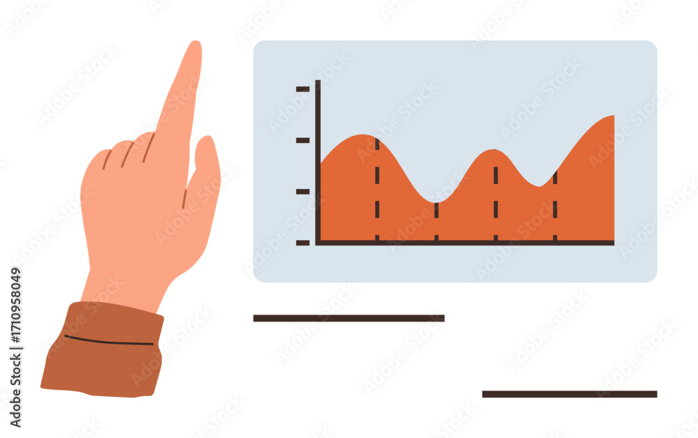 Aufkleber hand gesturing towards a wavy orange line chart with axis grid, focusing on data trends and growth. 