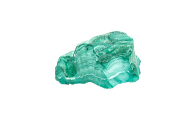 A lustrous malachite stone on an isolated background, featuring a rich green pattern with swirling bands. Ideal for elegant decor with natural vibrancy.