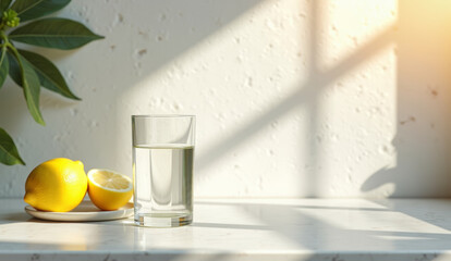 Sun-filled kitchen counter with clean white stone surface, illuminated by soft daylight transparent glass of water and a sliced lemon creating soft refractions and bright highlights.