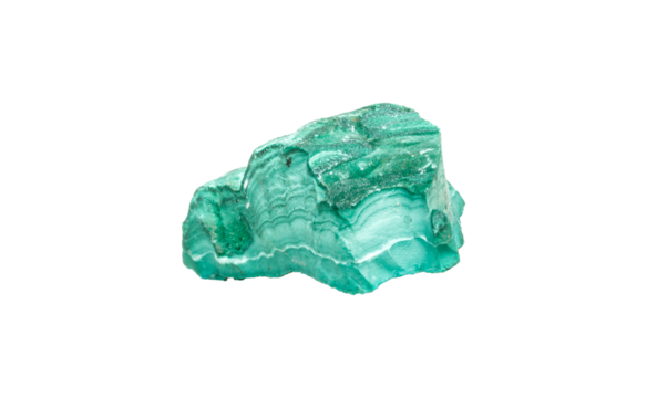 A lustrous malachite stone on an isolated background, featuring a rich green pattern with swirling bands. Ideal for elegant decor with natural vibrancy.