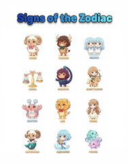 Zodiac signs illustrated in anime style featuring cute characters representing each sign, showcasing vibrant colors and playful expressions in a whimsical arrangement