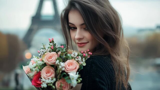 Beautiful girl holding a bouquet of flowers in front of the Eiffel Tower in Paris during a cloudy day, Portrait of a beautiful girl with a bouquet of flowers near the Eiffel Tower in Paris