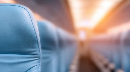 Empty airplane interior with blue seats and warm sunlight streaming in