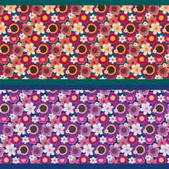 Decorative retro botanical pattern with small and big flowers. Set of two floral seamless vector ornaments in flat style for cover, textile, fabric, interior, ceramic, wallpaper, paper decoration