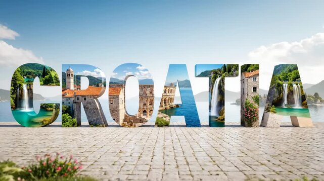 Croatia 3D Text Landscape - A 3D video of the word "CROATIA" with each letter filled with stunning imagery of Croatian landscapes, landmarks, and waterfalls.