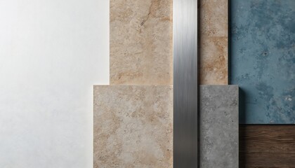 Assorted material samples shown together. Textures include white stucco beige stone tiles. Gray concrete, blue plaster surfaces visible. Metal bar divides various elements for contrast. Wood detail