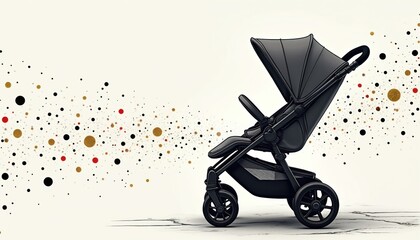 Sleek black baby stroller stands empty on bright background. Many colorful small dots scatter around modern pram. Newborn carriage waits for child. New parenthood, joy, growth, family life.