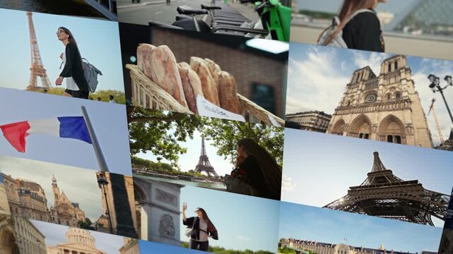 Paris city collage with Eiffel Tower Arc de Triomphe and urban streets showing architecture and famous landmarks of France for tourism and travel in Europe