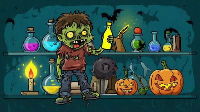 Cartoon zombie holding a bottle standing near pumpkins and potions on shelves at halloween time halloween video