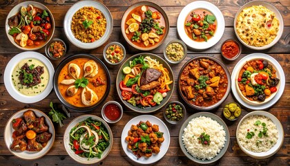 Cuisine dishes different cultures arranged overhead perspective view, food backgrounds table filled large variety international