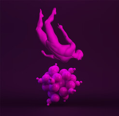Man falls down from a height. Jumping man. 3d molecular structure. Molecule. Sphere. Illustration for science, education or medicine. Vector for brochure, poster, cover, card, presentation or flyer.