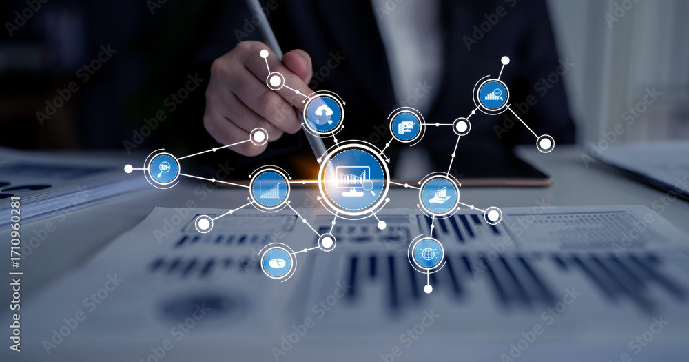 Poster a business professional actively analyzes data trends using a digital interface filled with graphics