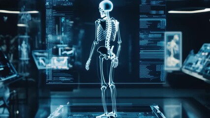 Data processing visualization with a skeleton model displayed on digital screens in a lab environment, data processing and skeleton walking over scopes scanning - Powered by Adobe
