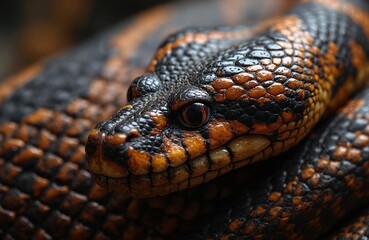Fototapeta premium Close up of a snake head. Reptile with brown and black scales. Detail photo of animal eyes. Wildlife photo with texture and patterns. Creature portrait.