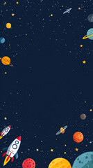 Colorful Space Themed Background with Rockets and Planets