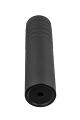 Black silencer for weapons. Suppressor that is at the end of an assault rifle. Isolate on a white...