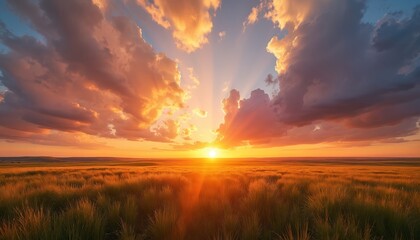 Golden sun sets over a vast grassy field. Dramatic clouds paint the sky with orange and purple hues. Radiant light beams pierce through the atmosphere. Nature beauty at dusk.