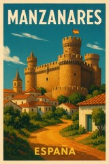 Retro style travel illustration of the iconic Manzanares Castle with turrets flying the Spanish flag above a traditional white village and winding dirt road in Spain