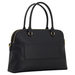 Elegant black leather handbag with top handles and sleek design