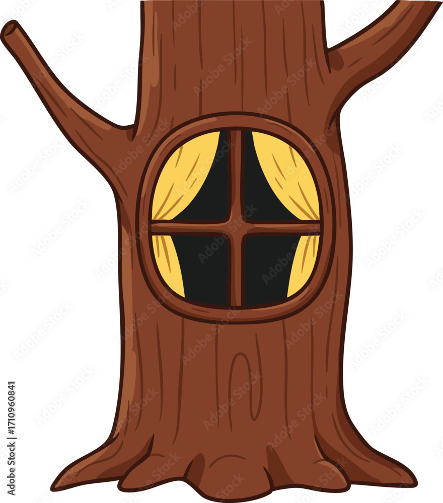 Poster tree trunk with round window and yellow curtains vector illustration isolated on white background