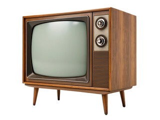 Isolated vintage television set with wood cabinet and knobs on a transparent background for design use
