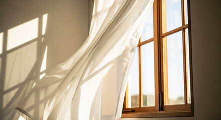 White window curtain moving with breeze in sunlit room