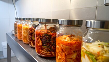 Sauerkraut other cultured vegetables temperature controlled environment, traditional fermentation vessels containing kimchi