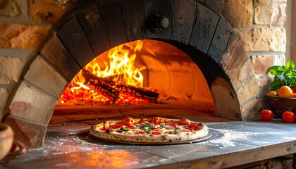 Authentic Neapolitan style pizza preparation, traditional woodfired pizza oven reaching optimal temperature