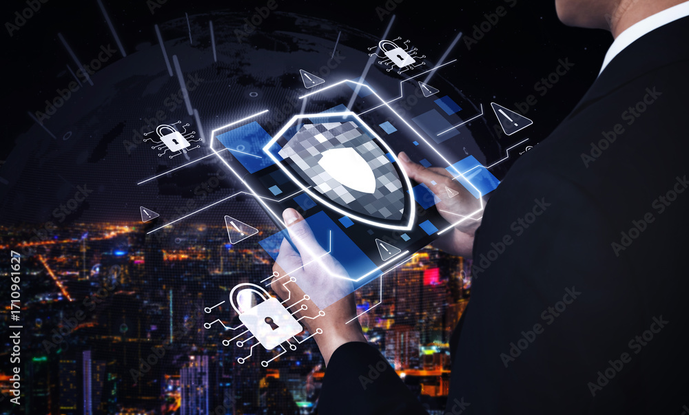 Poster cyber security protects against breaches, hacks, and network attacks using strong infrastructure and