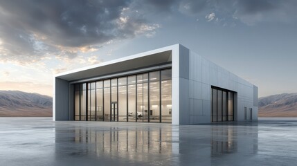Fototapeta premium Modern Industrial Architecture: A sleek, contemporary industrial building, bathed in natural light, standing under a dramatic sky, symbolizing innovation and progress.