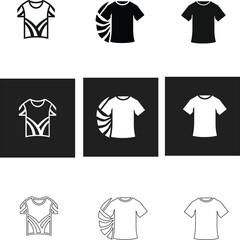 Versatile t-shirt vector icon set in silhouette and outline styles on black, ideal for logos and e-commerce.